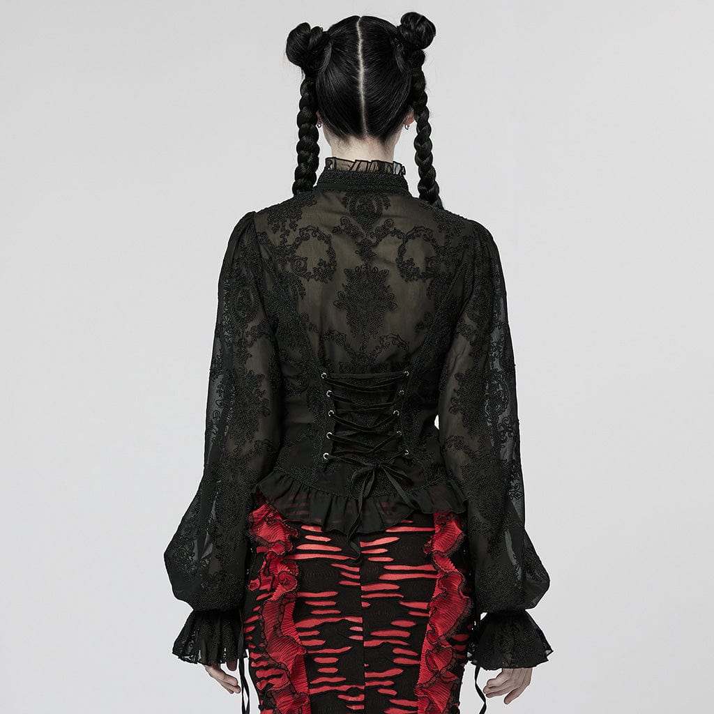 PUNK RAVE Women's Gothic Puff Sleeved Sheer Shirt