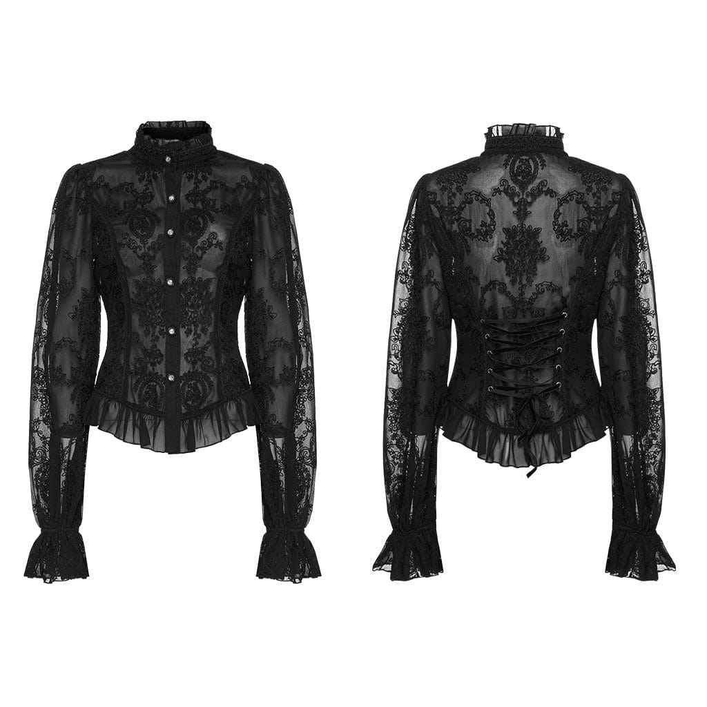 PUNK RAVE Women's Gothic Puff Sleeved Sheer Shirt