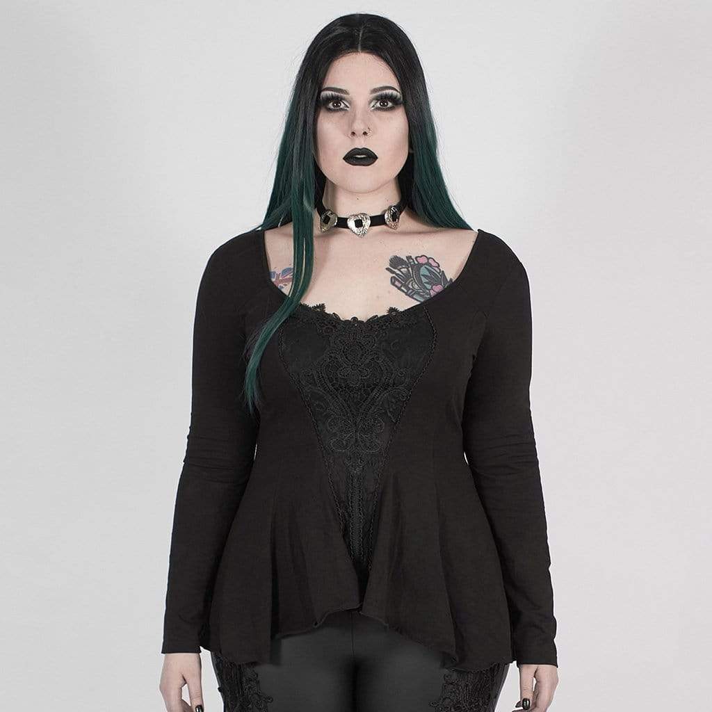 Women's Gothic Punk Black Asymmetrical Full Sleeve Top with Scoop Neck
