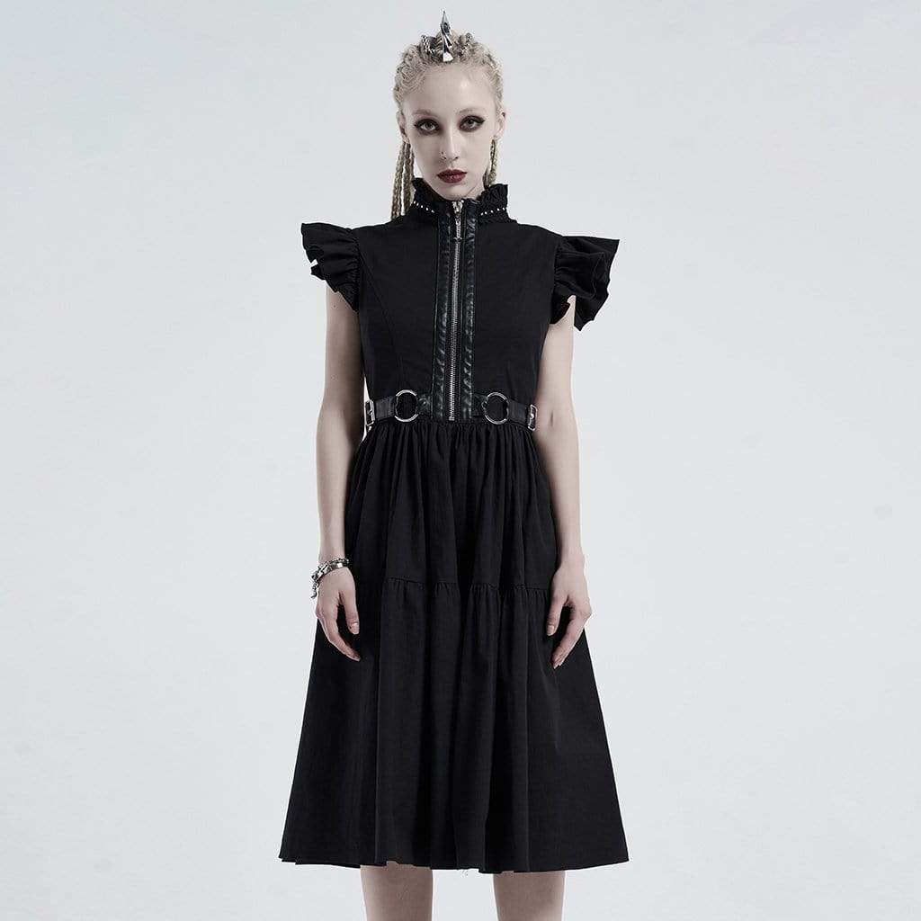 Women's Gothic Stand Collar Front Zip Back Strappy Dresses