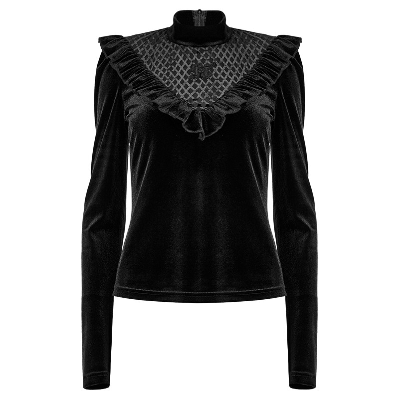 PUNK RAVE Women's Gothic Stand Collar Ruffled Velvet Shirt