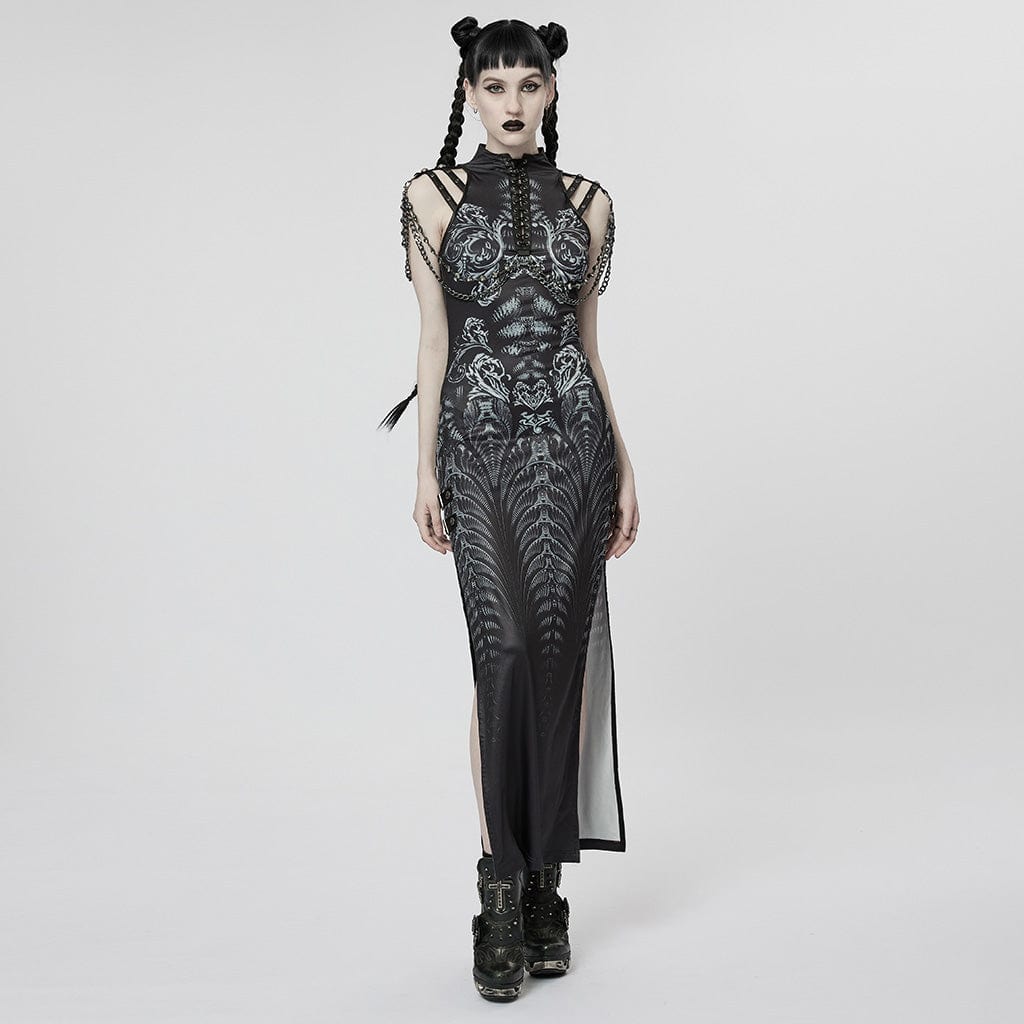 PUNK RAVE Women's Gothic Strappy Side Slit Dress with Chain