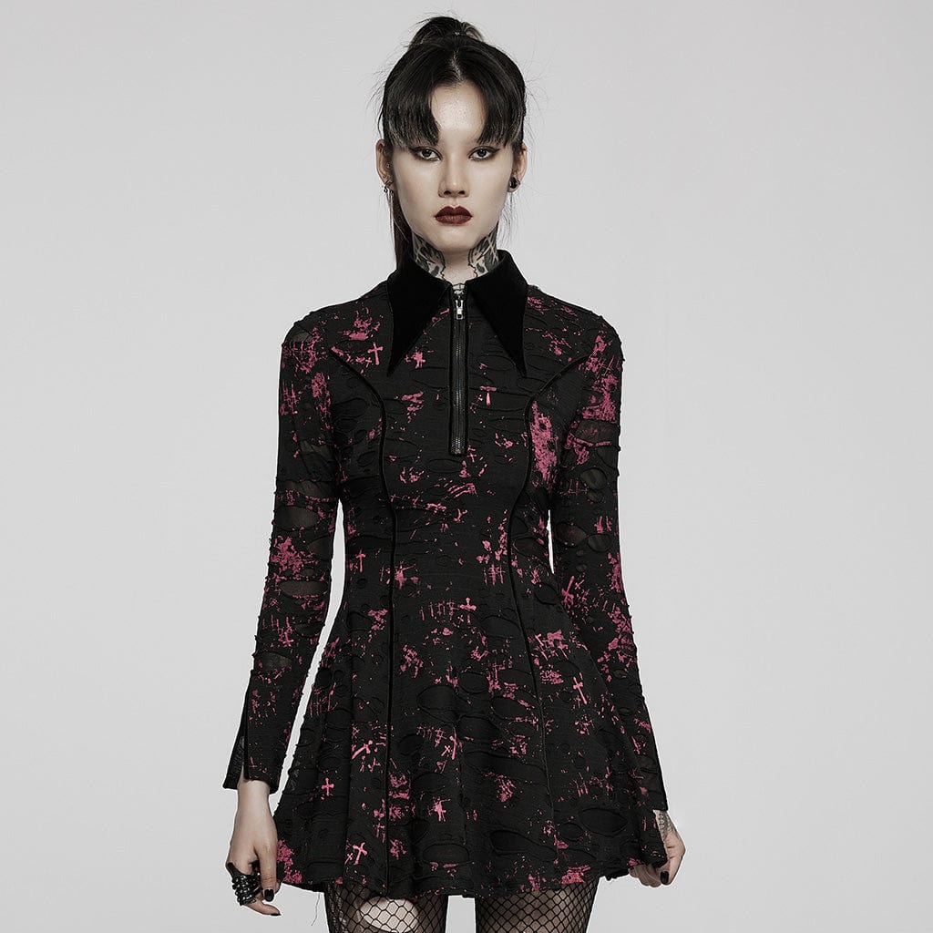 PUNK RAVE Women's Gothic Tie-dye Ripped Long Sleeved Dress