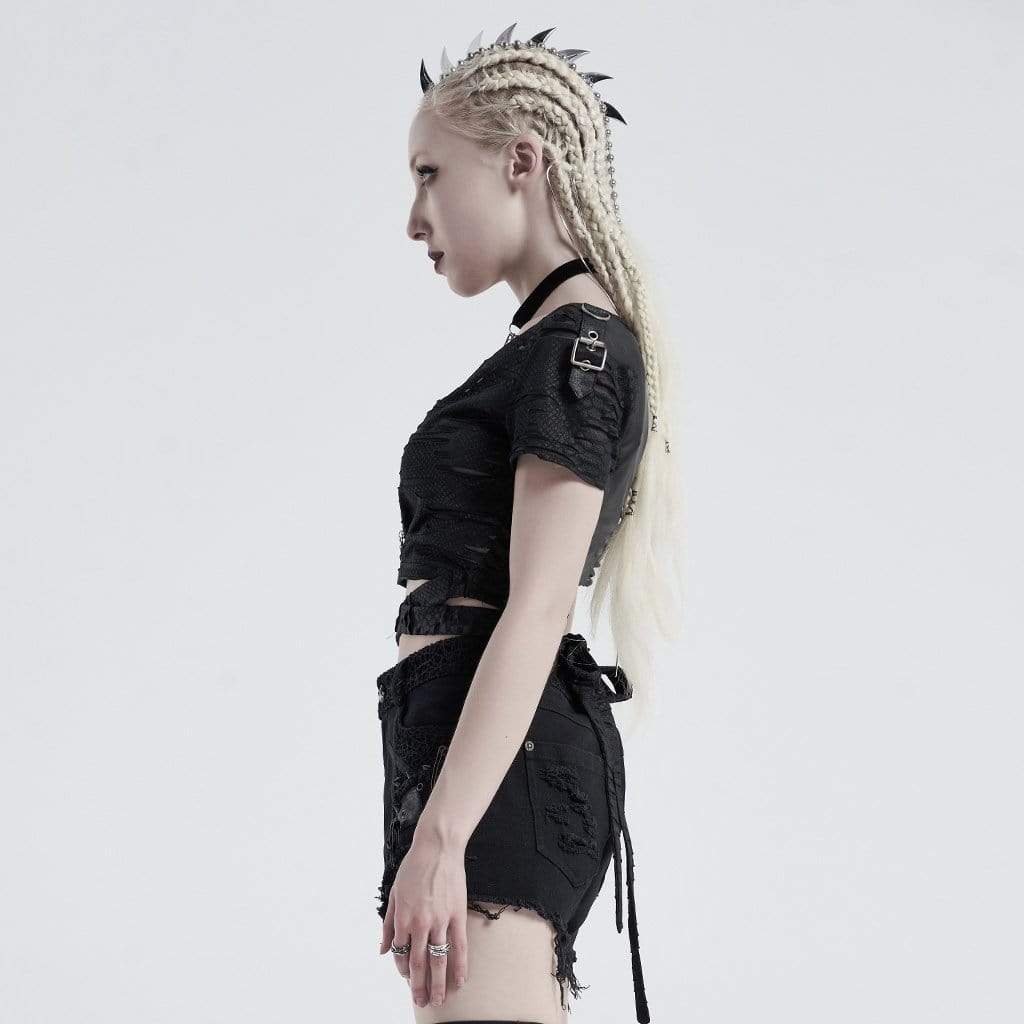 Women's Gothic V-neck Ripped Strappy Tops