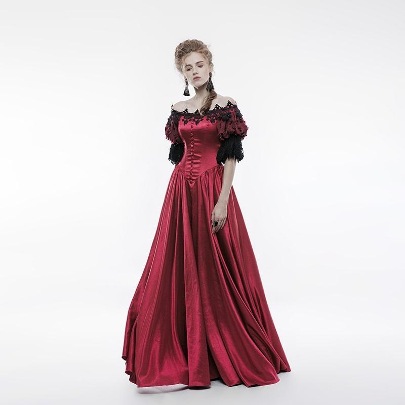Women's Gothic Vintage Off Shoulder Bubble Sleeve Long Dress Red