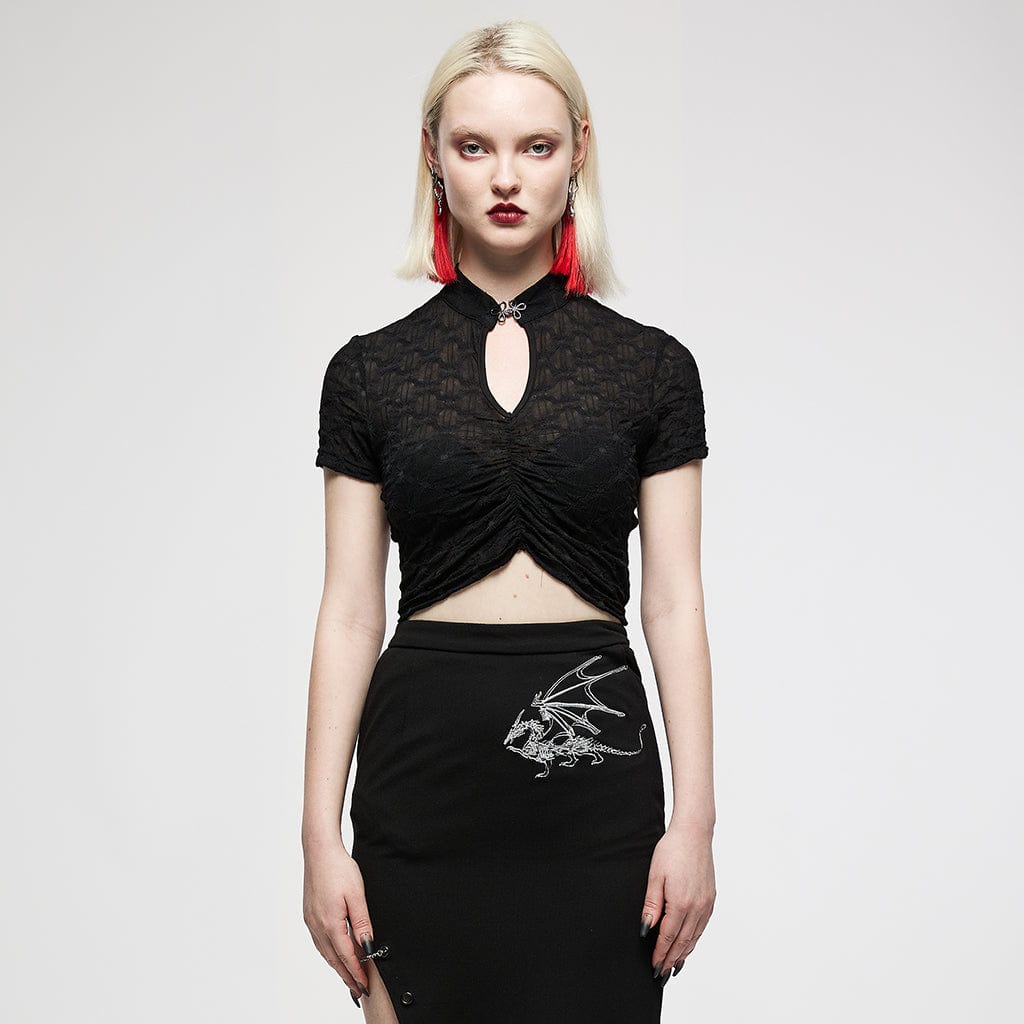 Punk Rave Women's Grunge Cutout Ruffles Short Sleeved Crop Top