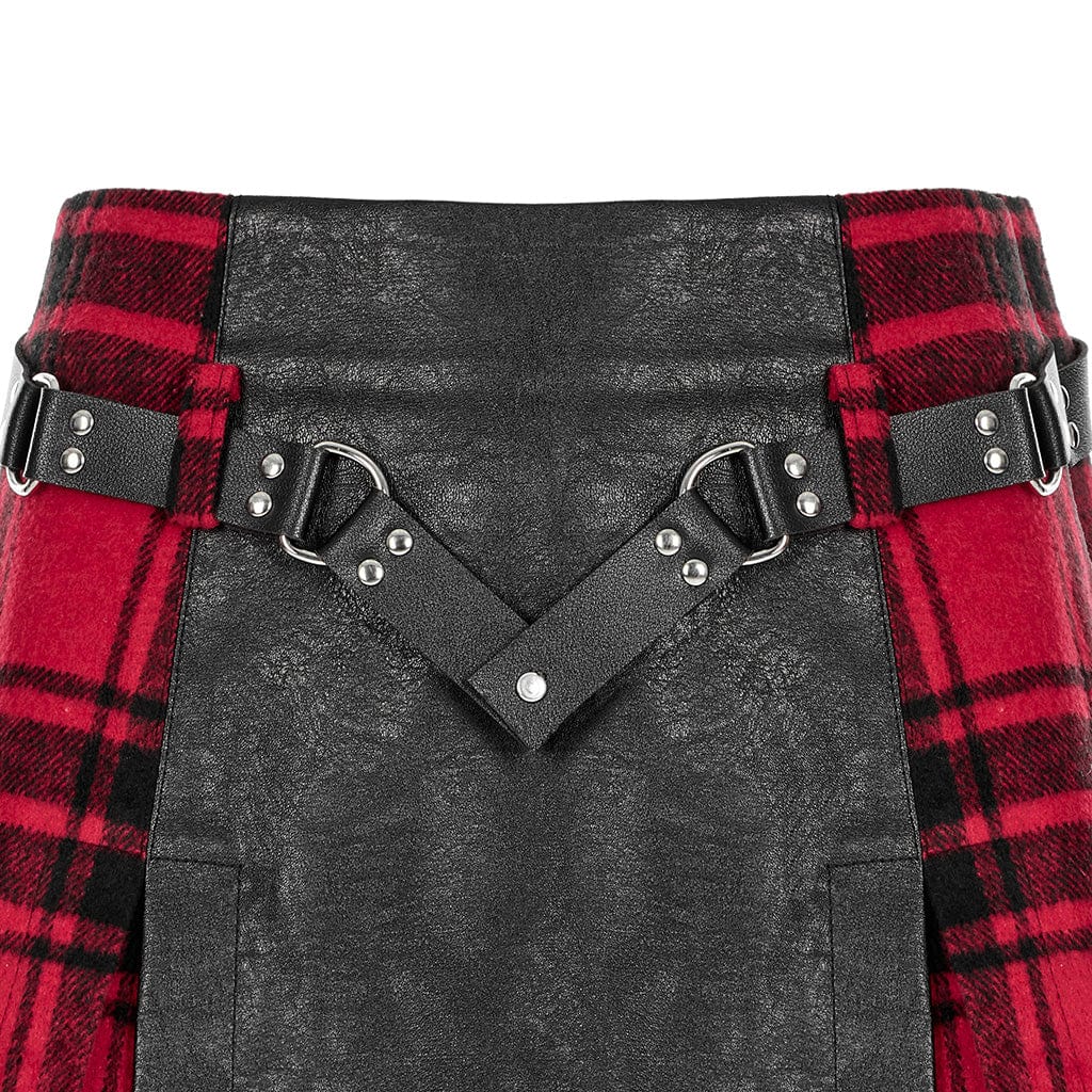 PUNK RAVE Women's Grunge Faux Leather Splice Plaid Skirt