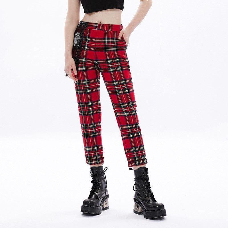Punk Rave Women's Grunge High-waisted Red Plaid Straight-leg Pants