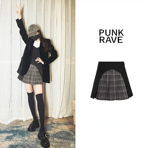 PUNK RAVE Women's Grunge Plaid Splice Pleated Skirt