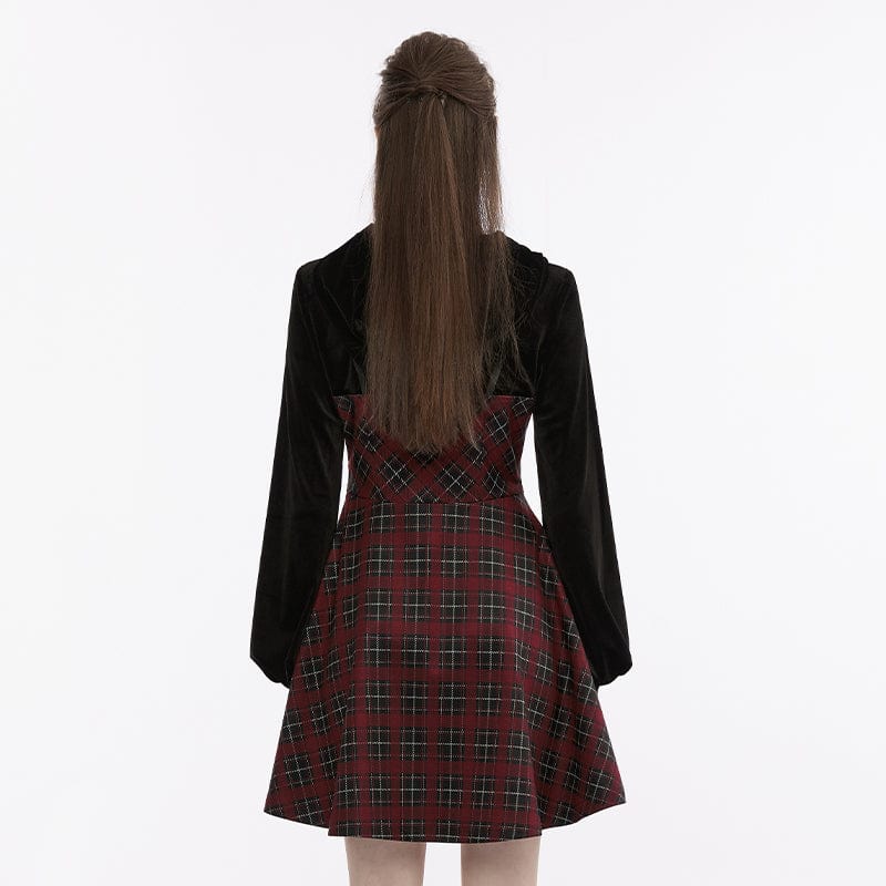 PUNK RAVE Women's Grunge Plaid Splice Velvet Dress with Hood