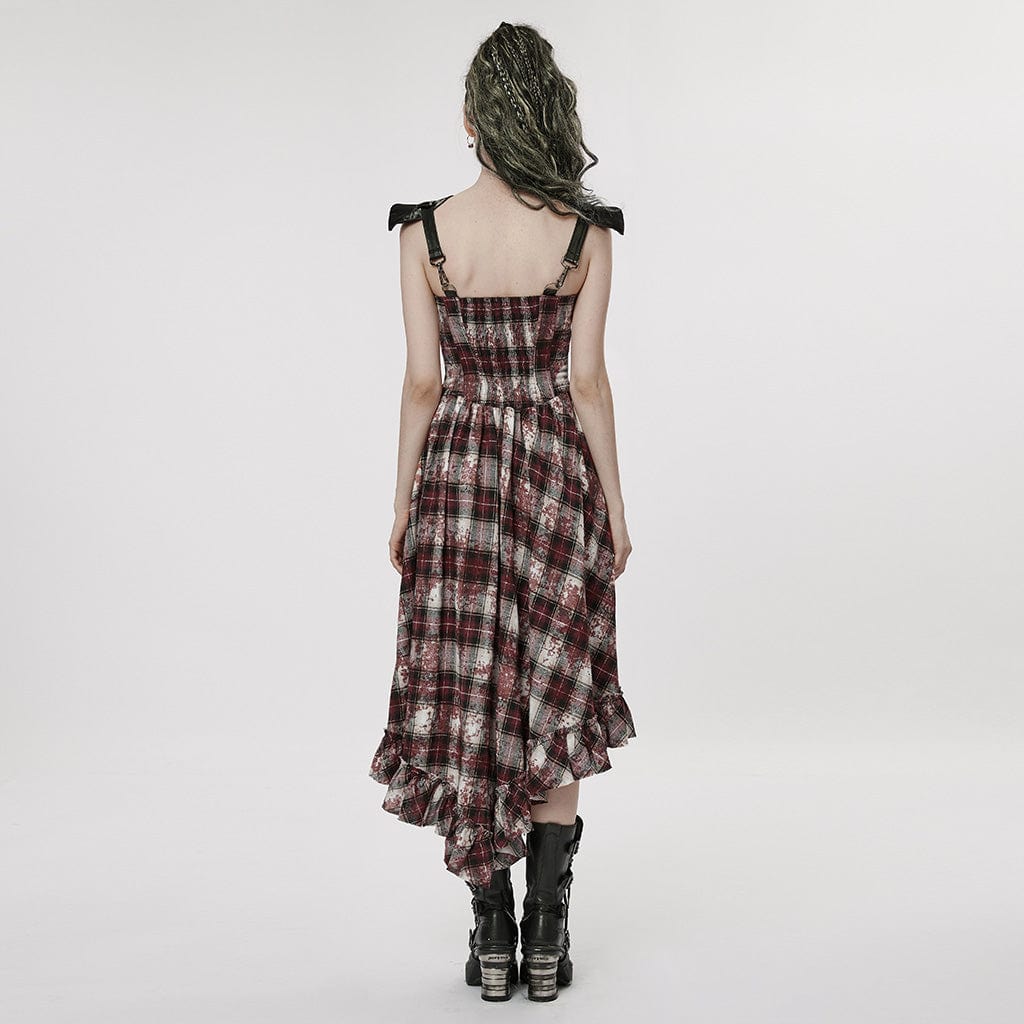 PUNK RAVE Women's Grunge Ruffled Plaid Dress with Shoulder Pad