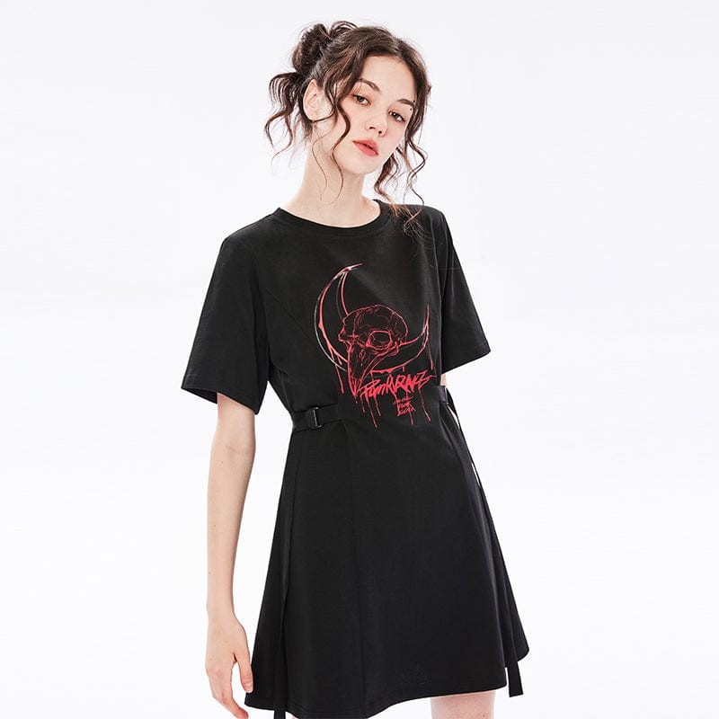 Punk Rave Women's Grunge Skull Printed Casual T-shirt Dress with Straps