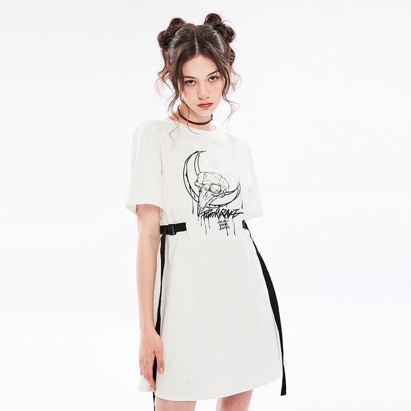 PUNK RAVE Women's Grunge Skull Printed Casual T-shirt Dress with Straps