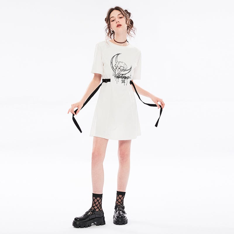PUNK RAVE Women's Grunge Skull Printed Casual T-shirt Dress with Straps