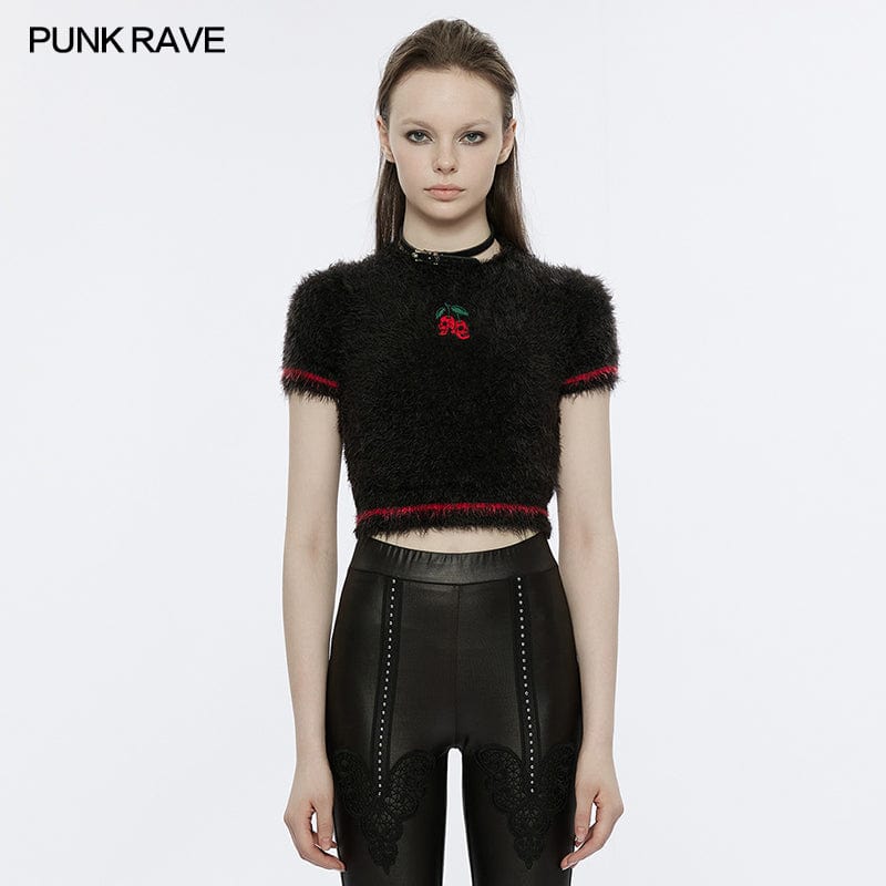 PUNK RAVE Women's Grunge Skulls Embroidered Fluffy Sweater with Oversleeves