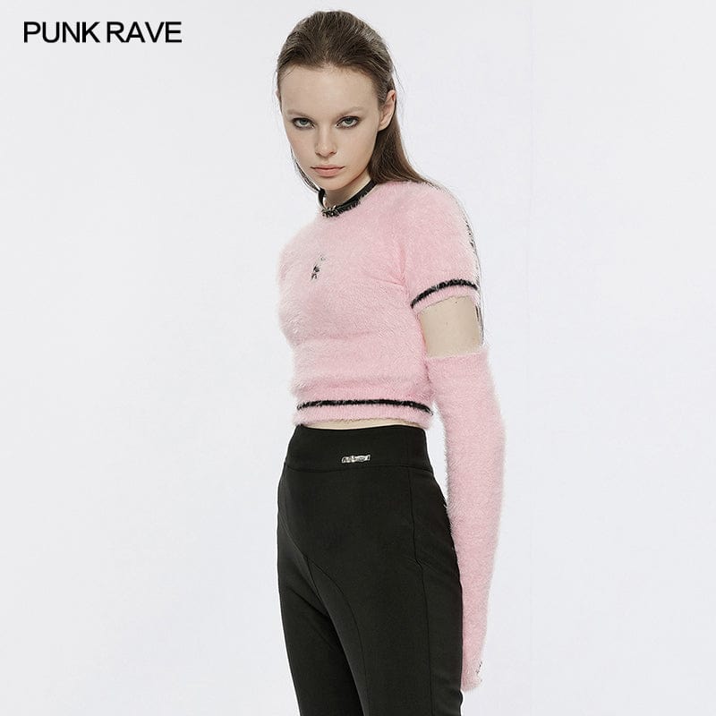PUNK RAVE Women's Grunge Skulls Embroidered Fluffy Sweater with Oversleeves