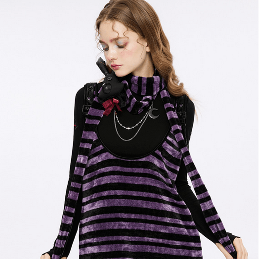 PUNK RAVE Women's Grunge Stripes Skull Embroidered Scarf with Chain