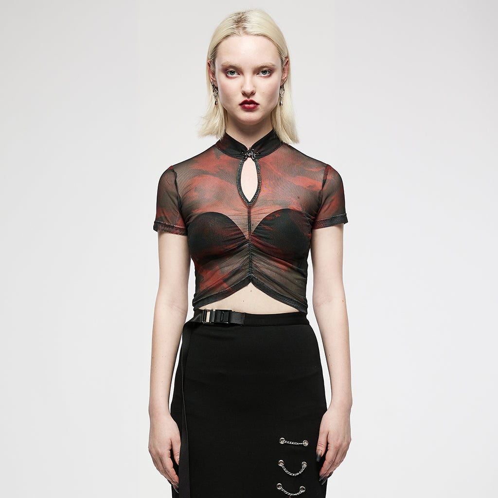 Punk Rave Women's Grunge Tie-dye Sheer Ruffles Short Sleeved Crop Top