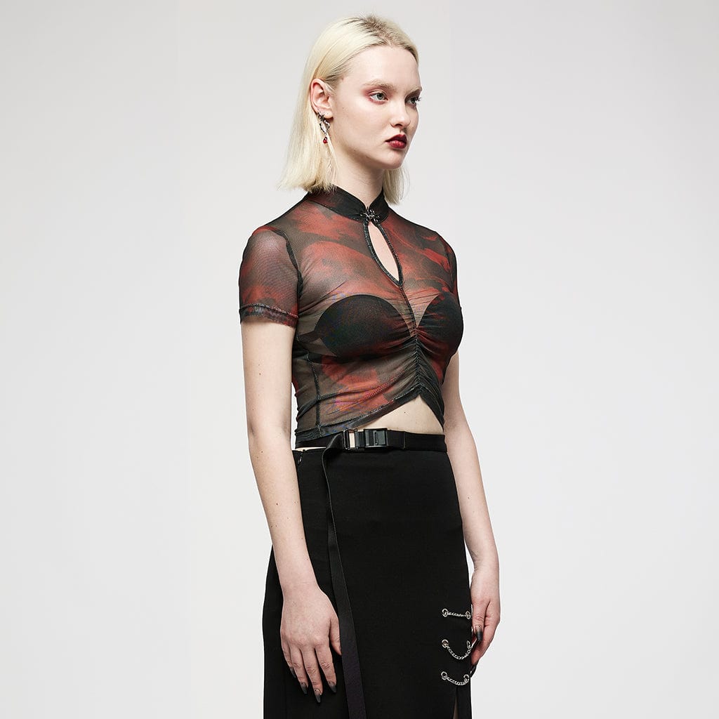 Punk Rave Women's Grunge Tie-dye Sheer Ruffles Short Sleeved Crop Top