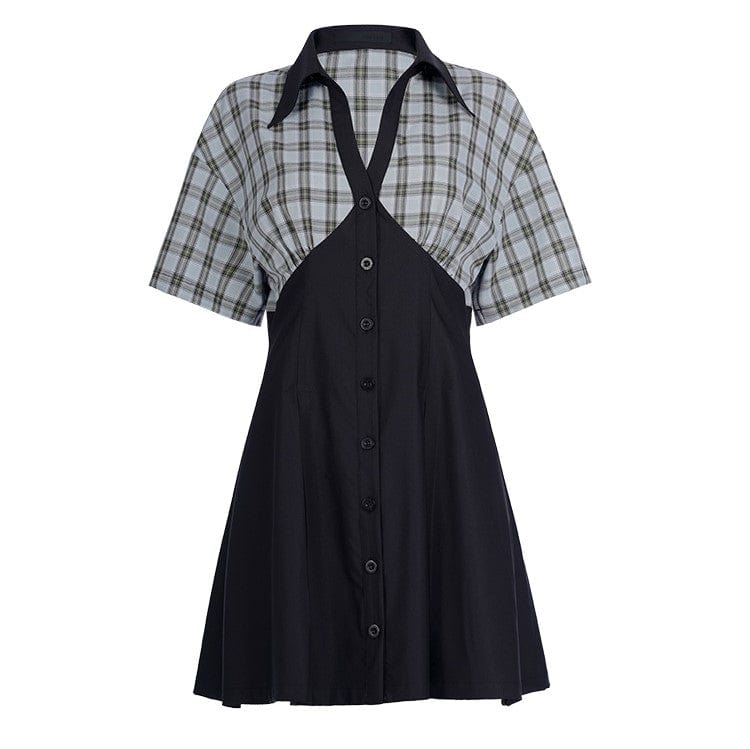 PUNK RAVE Women's Grunge V-neck Green Plaid Splice Short-sleeved Dress