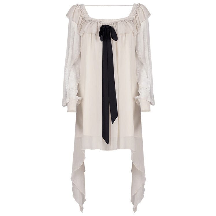 Punk Rave Women's Lolita Square Neck Bowknot Long Sleeved Chiffon Dress