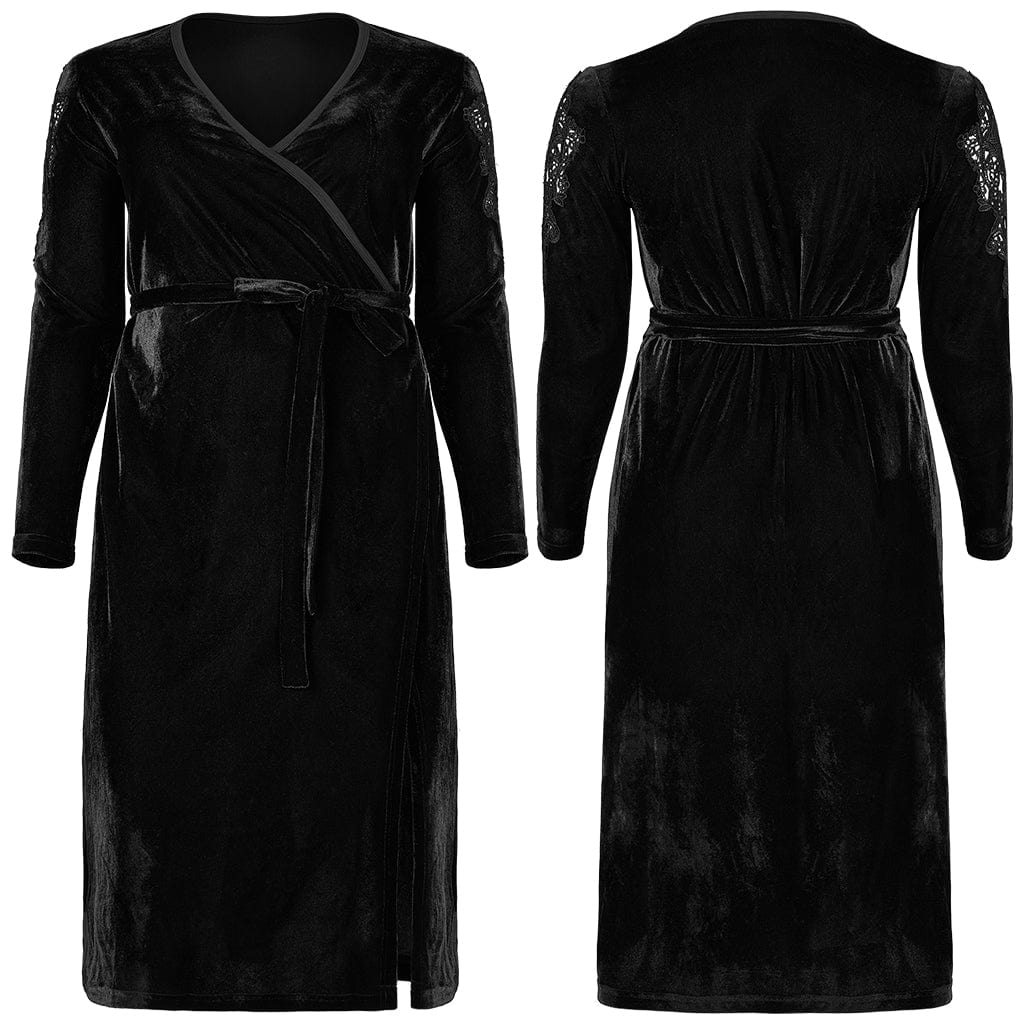 Punk Rave Women's Plus Size Gothic V-neck Side Slit Long Sleeved Velet Dress