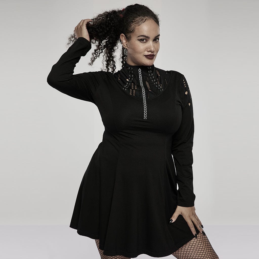Punk Rave Women's Plus Size Punk High Collar Ripped Long Sleeved Black Little Dress