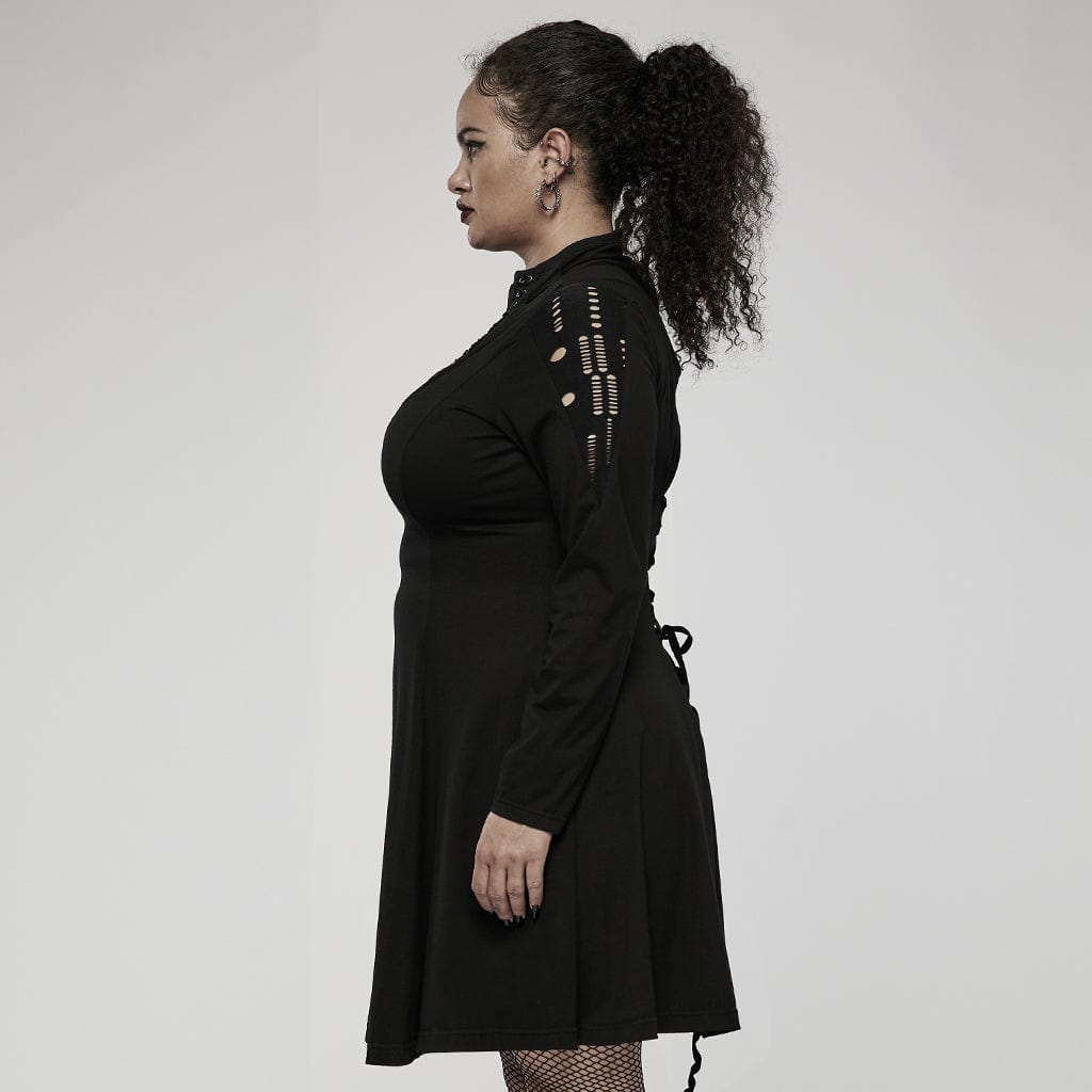 Punk Rave Women's Plus Size Punk High Collar Ripped Long Sleeved Black Little Dress