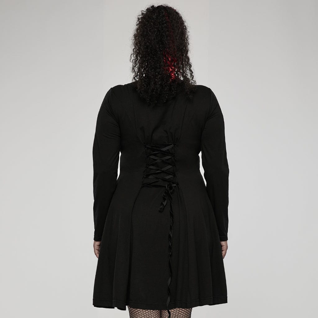 Punk Rave Women's Plus Size Punk High Collar Ripped Long Sleeved Black Little Dress