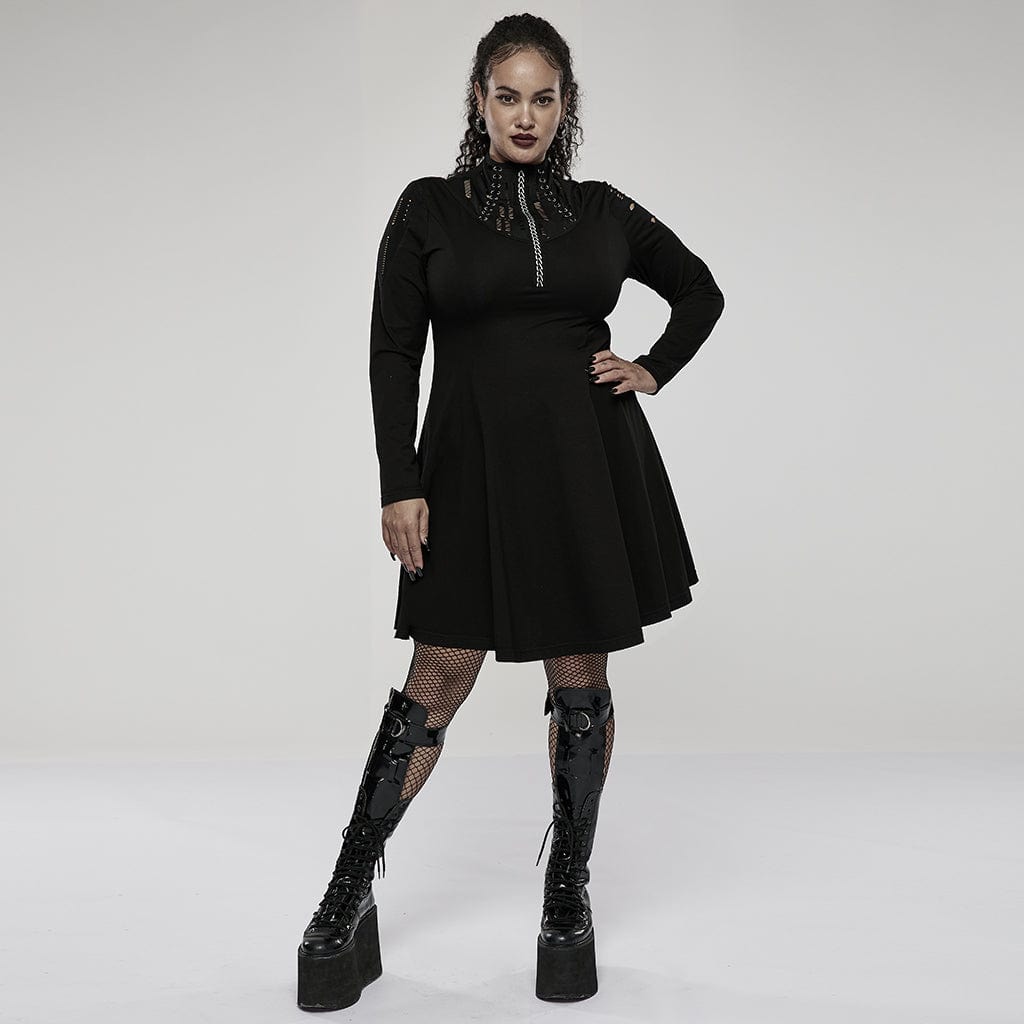 Punk Rave Women's Plus Size Punk High Collar Ripped Long Sleeved Black Little Dress