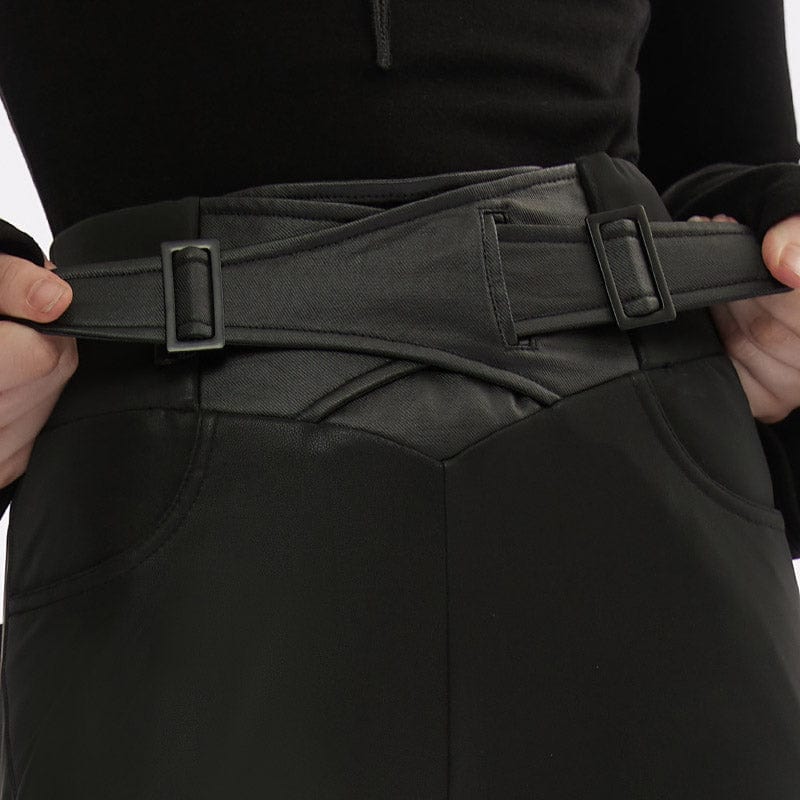 PUNK RAVE Women's Punk Buckle Faux Leather Leggings