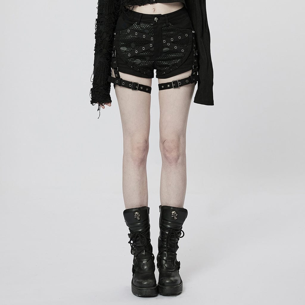 PUNK RAVE Women's Punk Buckles Splice Mesh Shorts