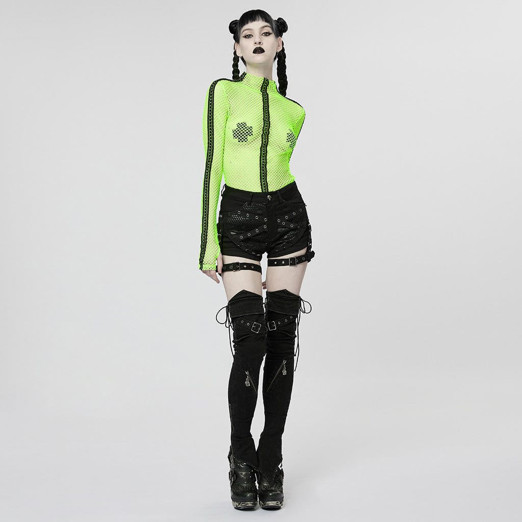 PUNK RAVE Women's Punk Buckles Splice Mesh Shorts