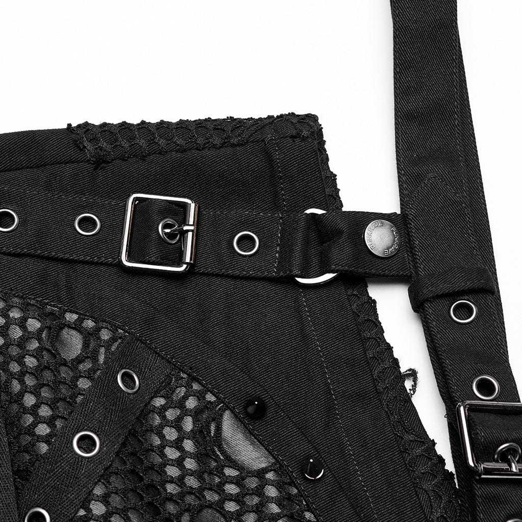 PUNK RAVE Women's Punk Buckles Splice Mesh Shorts