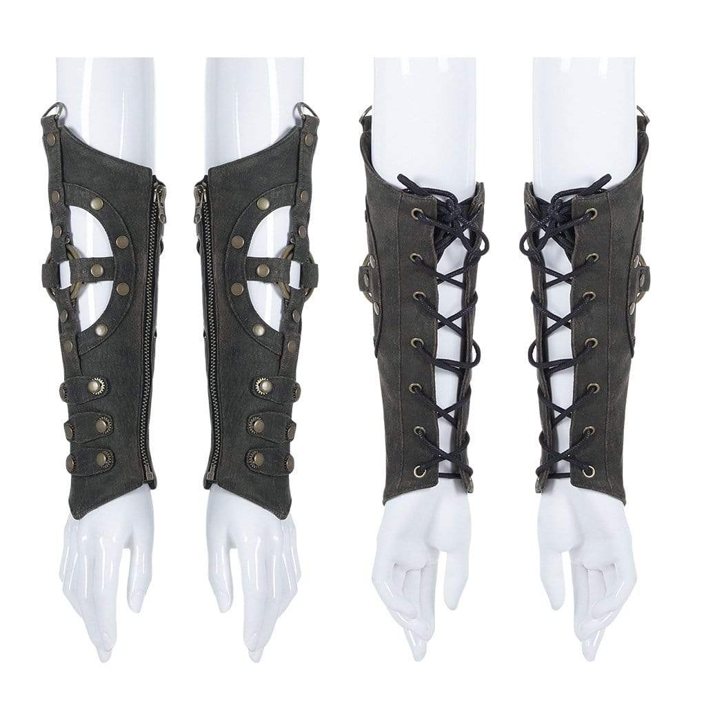 Women's Punk Cutout Zip Strappy Faux Leather Arm Sleeves Brown
