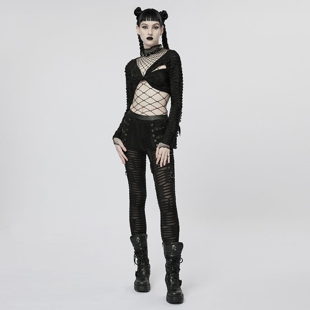 PUNK RAVE Women's Punk Eyelet Ripped Sheer Leggings