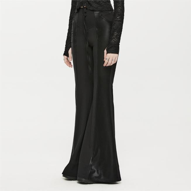 PUNK RAVE Women's Punk Faux Leather Splice Flared Pants