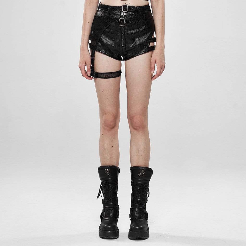 Women's Punk Faux Leather Zipper Fly Black Shorts With Waist Belt And Leg Ring