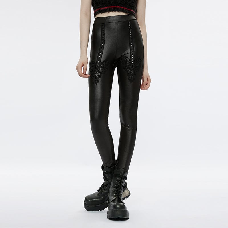 PUNK RAVE Women's Punk Floral Embroidered Faux Leather Leggings