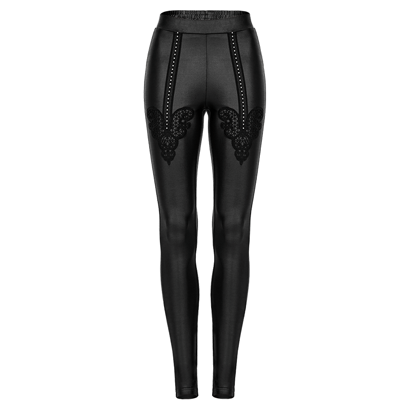 PUNK RAVE Women's Punk Floral Embroidered Faux Leather Leggings