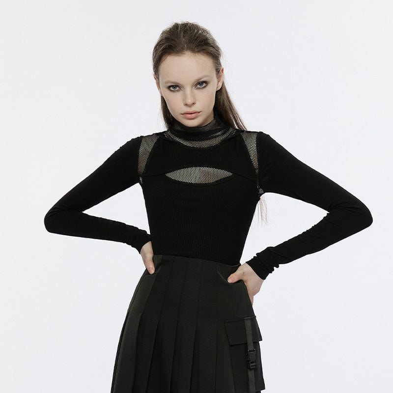 PUNK RAVE Women's Punk High Collar Mesh Splice Shirt