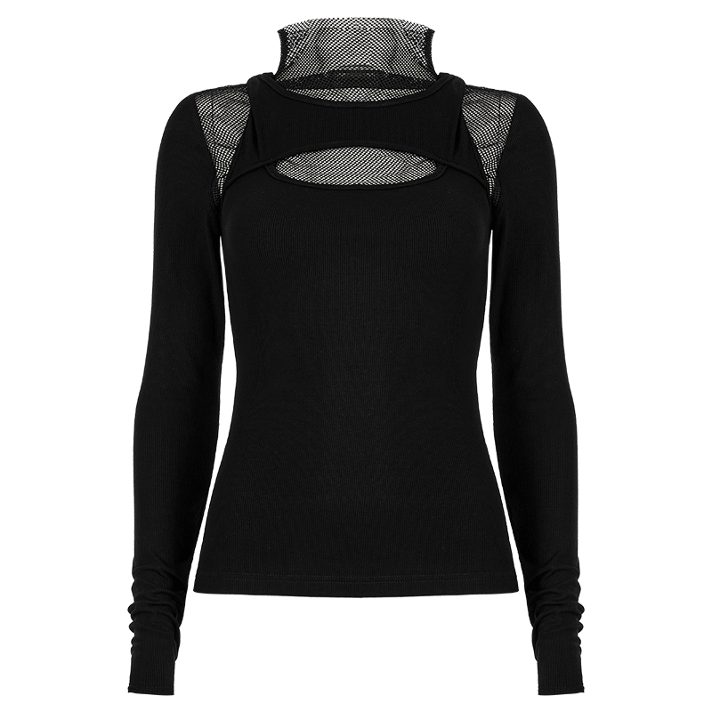 PUNK RAVE Women's Punk High Collar Mesh Splice Shirt