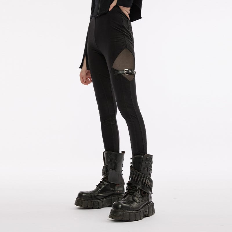 PUNK RAVE Women's Punk Mesh Splice Buckle Leggings