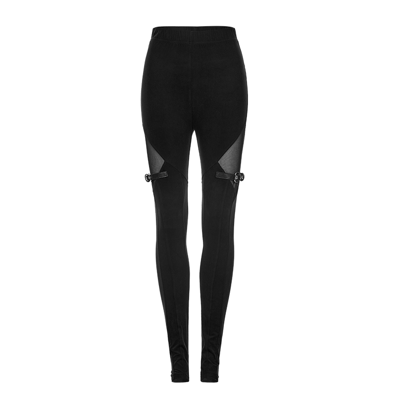 PUNK RAVE Women's Punk Mesh Splice Buckle Leggings