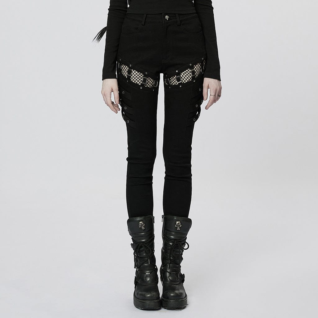 PUNK RAVE Women's Punk Mesh Splice Buckles Jeans