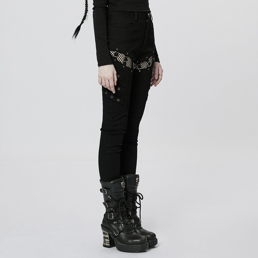 PUNK RAVE Women's Punk Mesh Splice Buckles Jeans