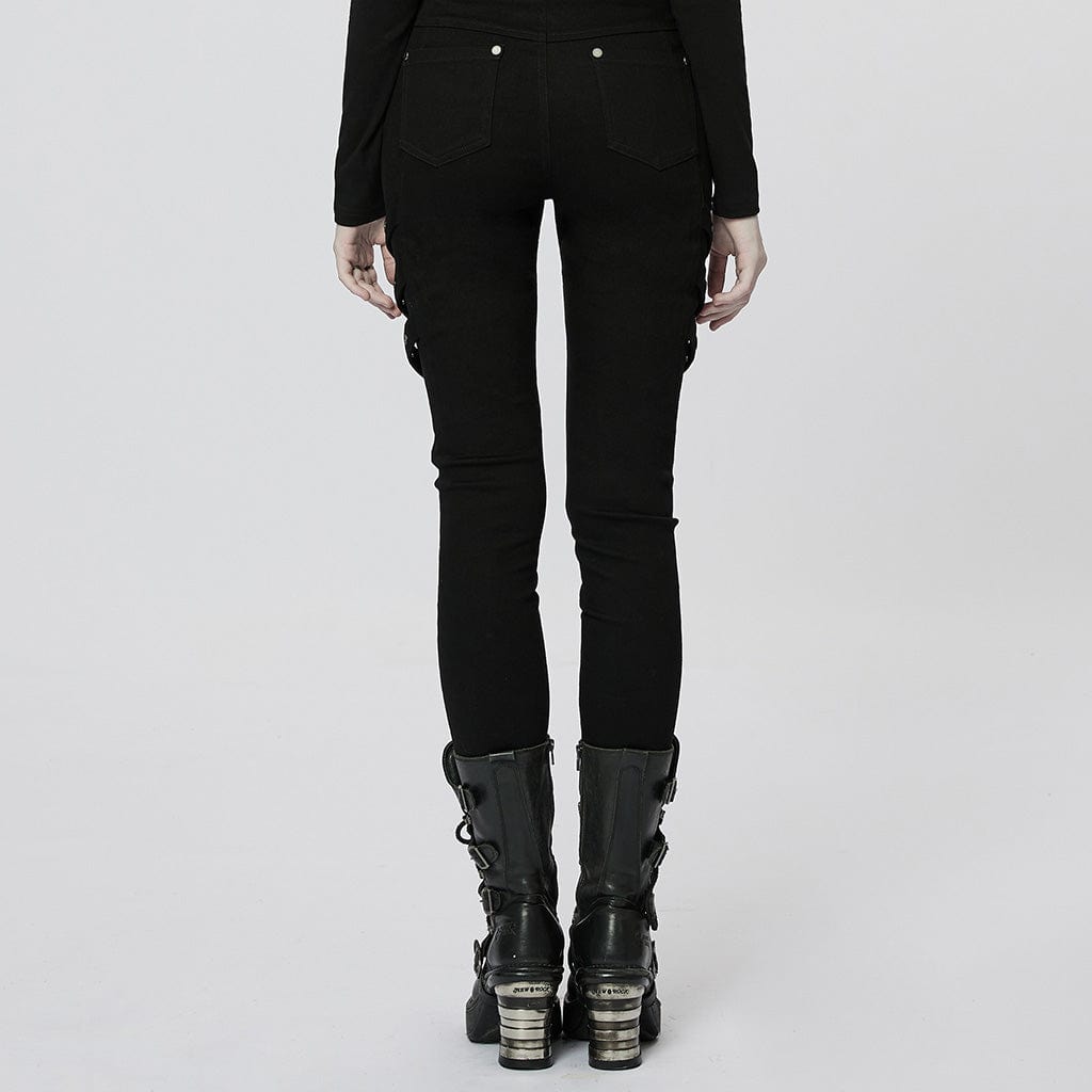 PUNK RAVE Women's Punk Mesh Splice Buckles Jeans