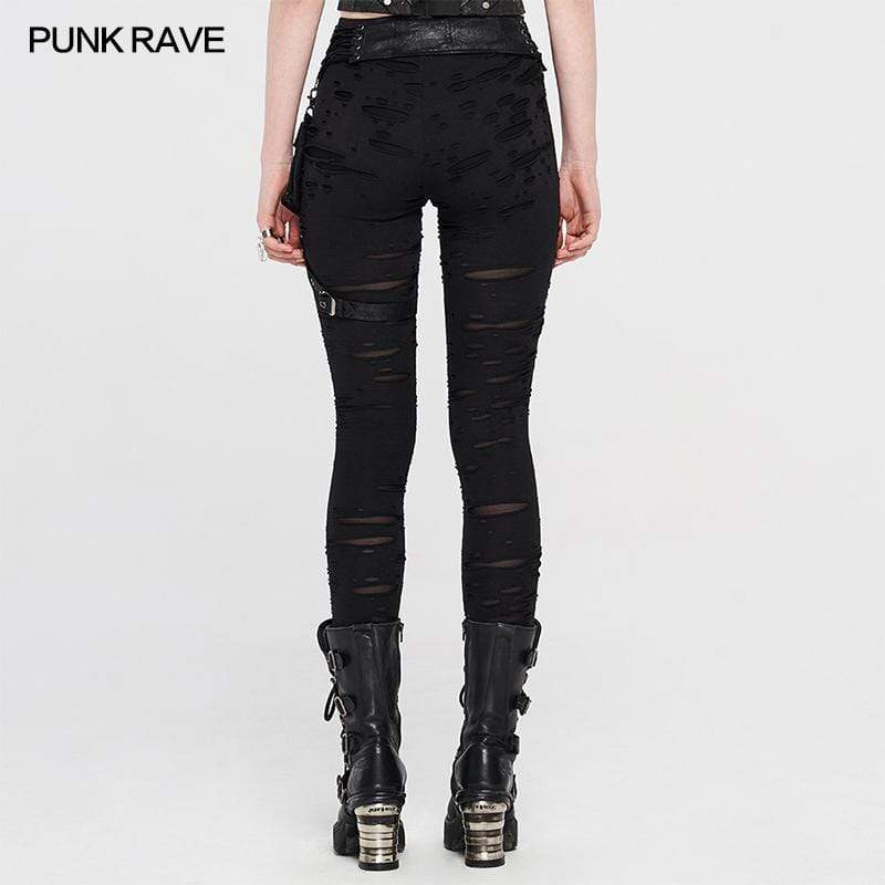 Women's Punk Metal Buckle Black Pants With Harness
