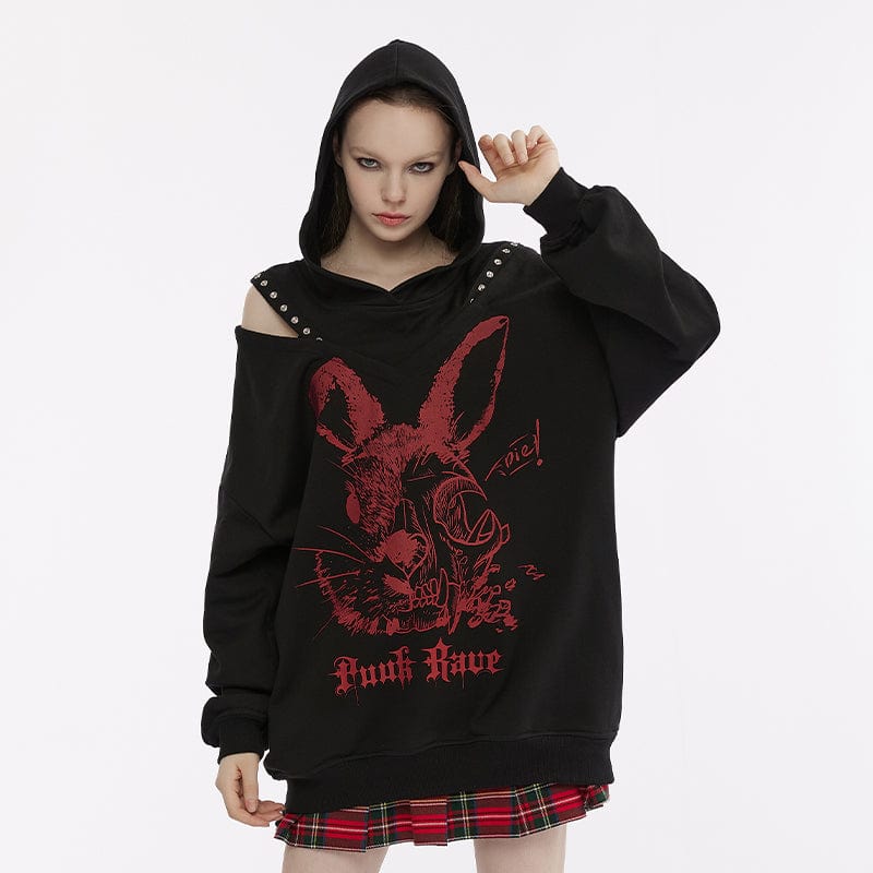 PUNK RAVE Women's Punk Off Shoulder Rabbit Printed Sweater with Detachable Hood