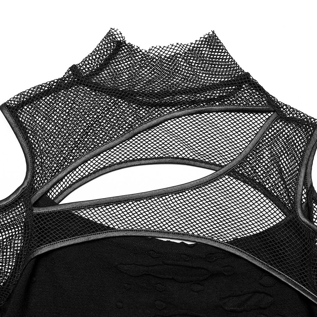 PUNK RAVE Women's Punk Off Shoulder Ripped Mesh Top